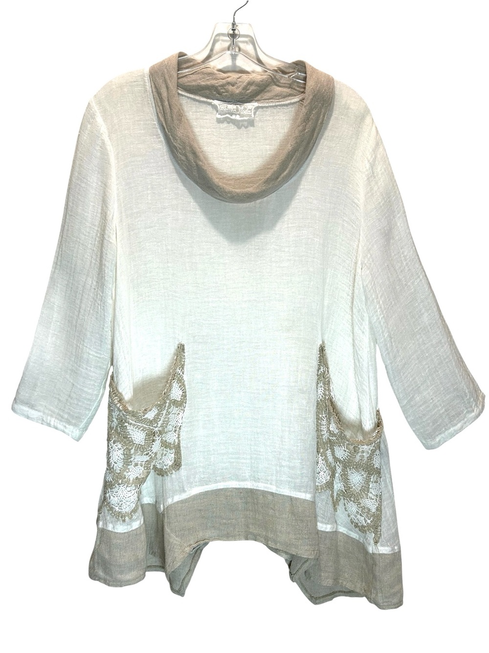 Stella Moda White & Tan Italian Linen Gauze Relaxed Fit Mock Neck Tunic - Medium